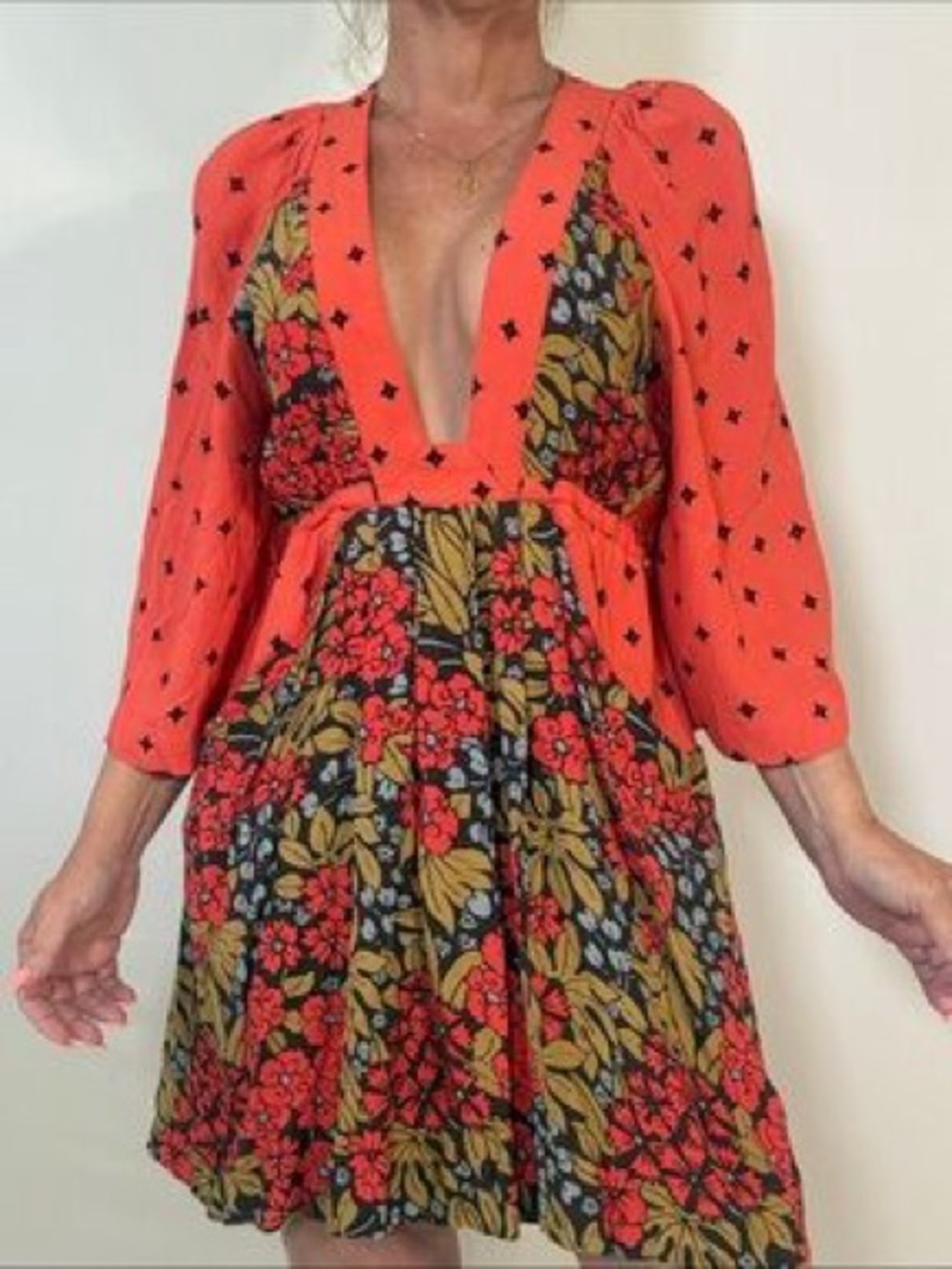 Free People Tallula Boho Floral Printed Mini Dress Tunic XS Coral Red Orange